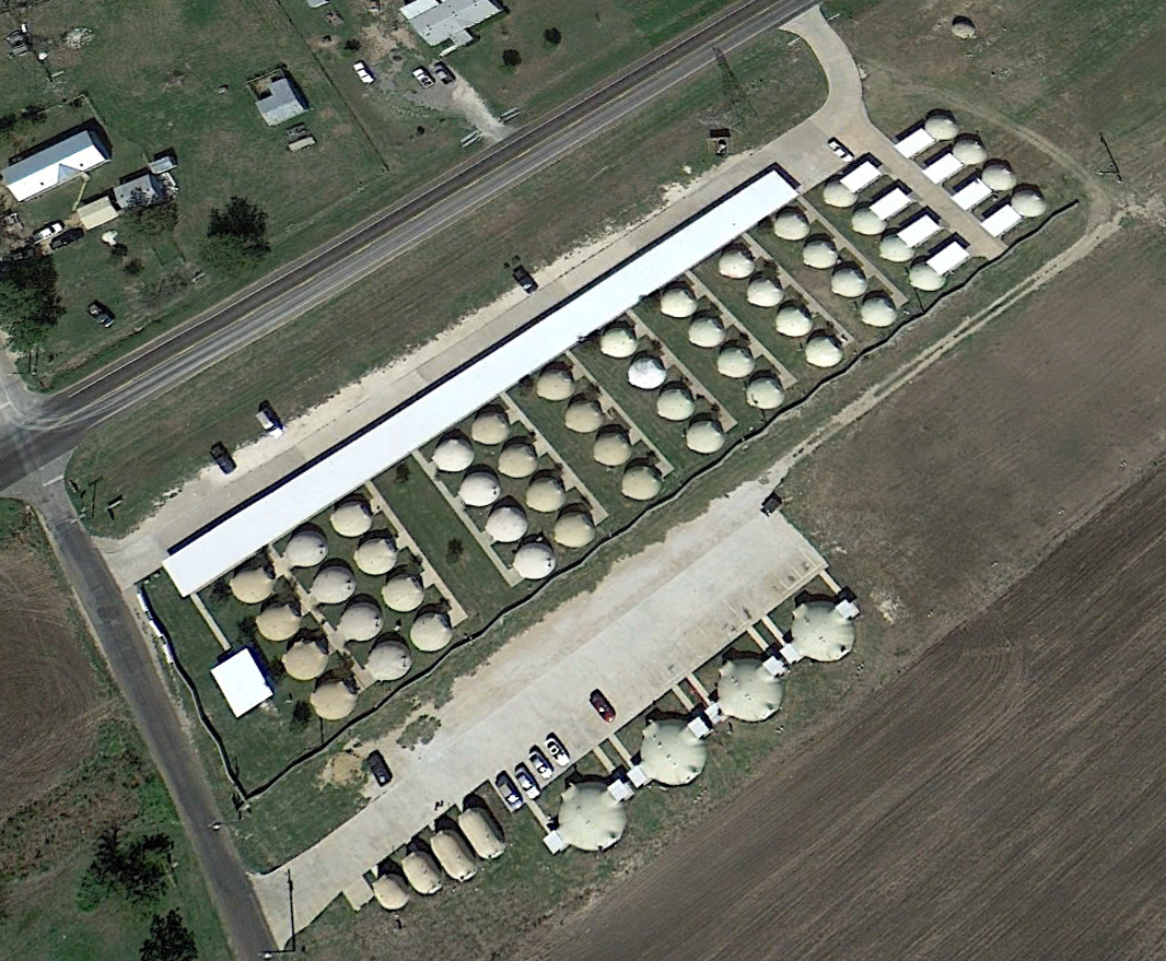 Aerial photo of Morgan Meadows Monolithic dome rental community south of Italy, Texas.
